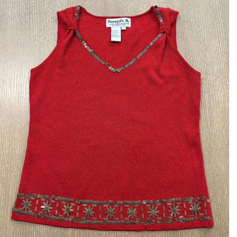 Joseph A.  Qu' EST Silk Grecian Style Tank Tunic Top XL Red V Neck Beadwork‎